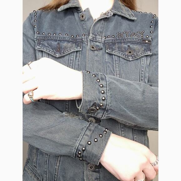 Lucky Brand Distressed Punk Rock Stay Reckless Studded Dark Denim Jacket Sz Med - Picture 6 of 9